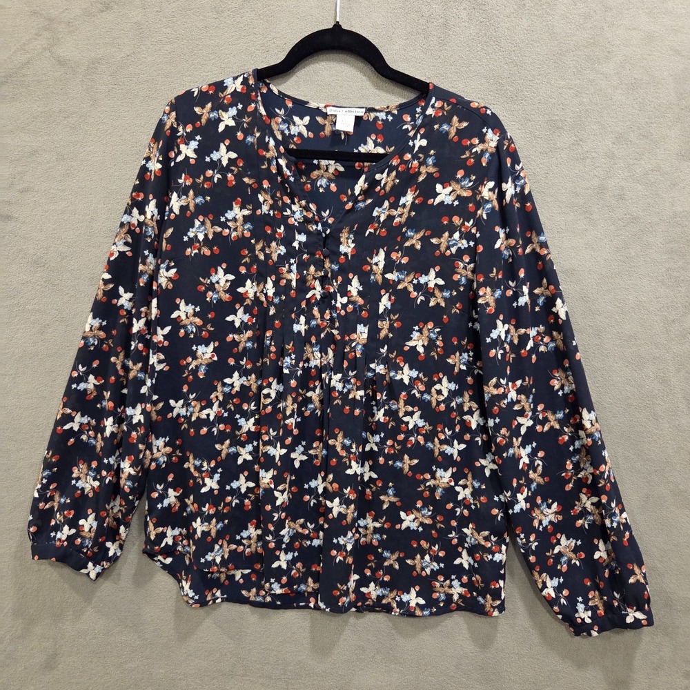 Dalia Collection Pintuck Sheer Blouse Women Size Large Strawberries‎ Floral